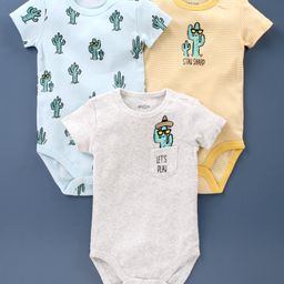 Fox Baby Half Sleeves Onesies Cactus Print Pack of 3 - Grey Yellow Blue-image-52