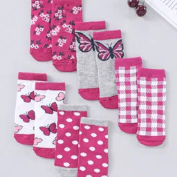 Cute Walk by Babyhug Cotton Blend Ankle Length Anti Bacterial Socks Multi Print Pack of 5 - Pink Grey White-picture-30