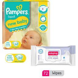 Pampers Active Baby Diapers, New Born, Extra Small, (NB, XS) size, 24 Count, Taped style diaper & Babyhug Daily Moisturising Milk Wipes - 72 Pieces-picture-10
