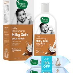 Mother Sparsh 99 % Pure Water (Unscented) Baby Wipes. Pack of 2 - 72 Pieces Super Saver Pack & Daily Moisturizing Milky Soft Baby Wash - 200 ml-75