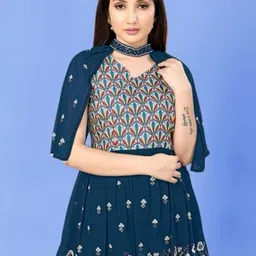 PARROT CREATION Women Embroidered Regular Sequinned Kurti with Sharara & With Dupatta image 4