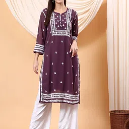 Poshak Chikan Studio Floral Embroidered Notch Neck Chikankari Georgette Straight Kurta-image-62