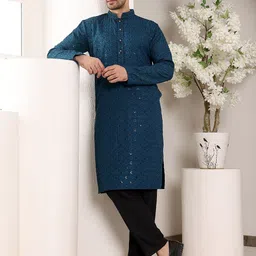 MULTI SHADES Geometric Embroidered Mandarin Collar Sequinned Straight Kurta With Pyjama-13