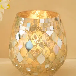 Home Centre Mabel Lustra Green Glass Mosaic Hurricane Candle Holder-image-87