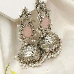 VIVAZS Silver-Plated Artificial Beaded Dome Shaped Oxidised Jhumkas-47