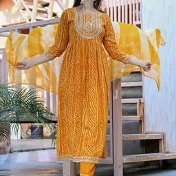 AAYUFAB Women Bandhani Printed A-Line Kurta with Trousers & Dupatta-picture-22