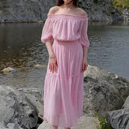 Freehand by The Indian Garage Co Off-Shoulder Flutter Sleeve Fit & Flare Midi Dress-image-65
