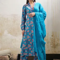 Shae by SASSAFRAS Floral Printed Pure Cotton A-Line Kurta With Palazzos And Dupatta-28