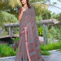ZILVIRA Floral Pure Linen Designer Block Print Saree-image-51