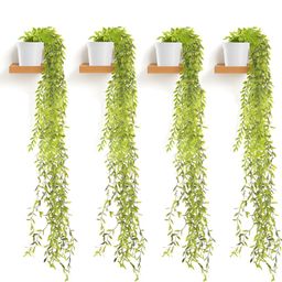 Kuber Industries 4-Pcs White & Green Artificial Plants With Pot-12