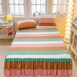 JC HOME Pink & Green Striped 150 TC Fitted King Bedsheet with 2 Pillow Covers-picture-8