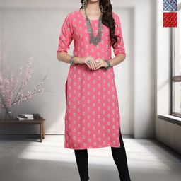 HERE&NOW Selection Of 3 Ethnic Motifs Printed Round Neck Straight Kurta-image-61