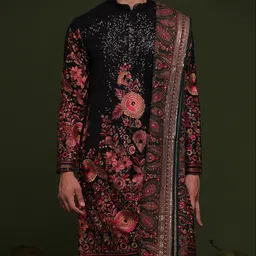 KALPRAAG Men Floral Embroidered Regular Sequinned Kurta with Trousers & With Dupatta image 4