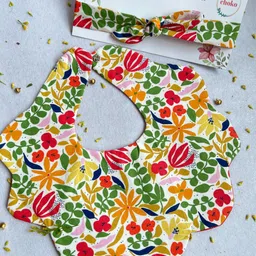 Choko Infant Girls Garden Printed Cotton Bib & Headband-image-28