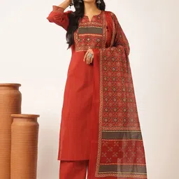 Vbuyz Floral Yoke Design Sequinned Pure Cotton Straight Kurta With Palazzos & Dupatta-image-86