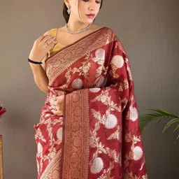 BlueRang Floral Woven Design Zari Jacquard Silk Banarasi Saree-image-74