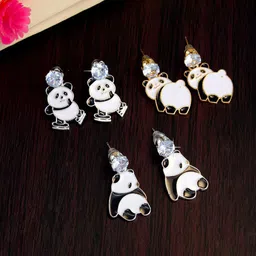 PRIVIU Set Of 3 Gold-Plated American Diamond Studded Skating Cute Panda Studs-70