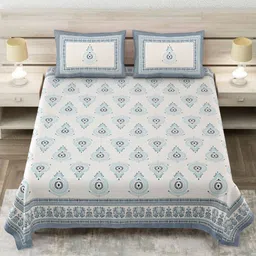 ZAHYA White & Blue Floral 144 TC King Bedsheet with 2 Pillow Covers-image-92