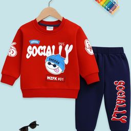 KUCHIPOO Boys Red & Navy Blue Printed Round Neck Cotton Sweatshirt With Pyjama Set-picture-22