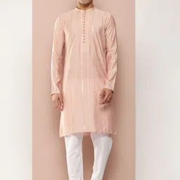 See Designs Striped Embroidered Sequinned Mandarin Collar Chanderi Silk Straight Kurta-picture-16