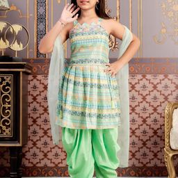 Muhuratam Girls Sea Green Pure Silk Kurta Sets-image-94