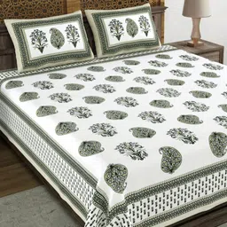 BLOCKS OF INDIA Green & White Ethnic Motifs 210 TC King Bedsheet with 2 Pillow Covers-image-87