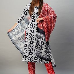 THE FAB FACTORY Floral Printed V-Neck Straight Kurta With Trousers & Dupatta-image-37