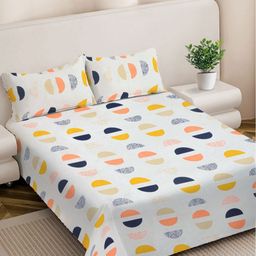 FABINALIV Off White & Blue Geometric 300 TC King Bedsheet with 2 Pillow Covers-picture-25