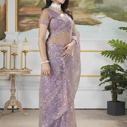 Munir Floral Sequinned Net Designer Saree image 5