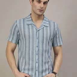 REPRISE Men Vertical Striped Cuban Collar Linen Casual Shirt-image-87