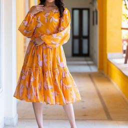 ASPORA Floral Printed Puff Sleeves Fit & Flare Dress-image-41