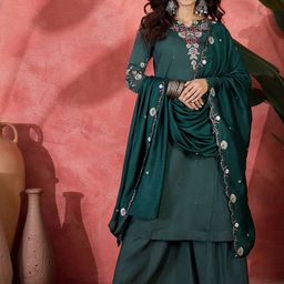 Sangria Floral Embroidered Thread Work A-Line Kurta & Palazzo With Dupatta-picture-12