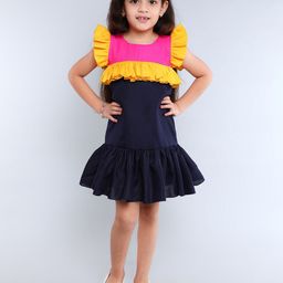 Pink Chick Girls Colourblocked Flutter Sleeve Ruffles Cotton Drop-Waist Dress with Clip-image-37