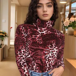VANGULL Women Animal Printed High Neck Fitted Top-picture-9