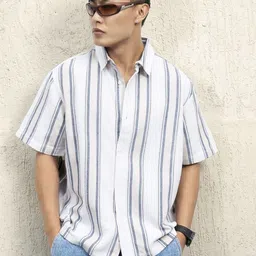 Hubberholme Men Standard Spread Collar Striped Cotton Oversized Casual Shirt-image-12