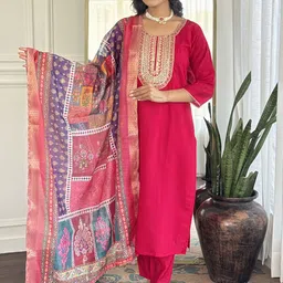 KOTRONS Women Solid Embroidered Regular Thread Work Kurta Trousers With Dupatta-picture-19