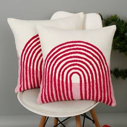 eyda White & Red 2 Pieces Abstract Cotton Square Cushion Covers-35