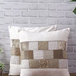 eyda Cream-Coloured & Brown 2 Pieces Embellished Velvet Square Cushion Covers-image-5