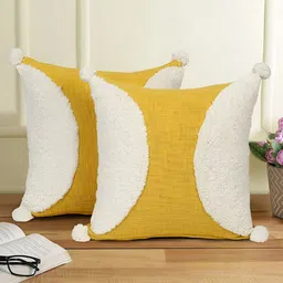 eyda White & Yellow 2 Pieces Embroidered Square Cotton Cushion Covers-image-76
