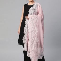 MODARTA Handwoven Woolen Pastel Pink Shawl with valentino lace-45