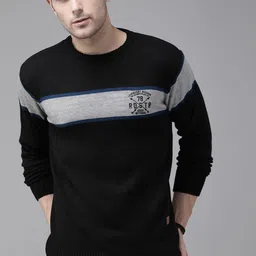 The Roadster Lifestyle Co Men Black & Grey Striped Pullover Sweater-image-34