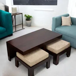 Ikiriya Red Sheesham Wood Walnut Finish Rectangle Coffee Table with Stool and Cushions-image-28