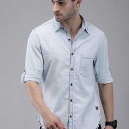 Roadster Men Blue Solid Pure Cotton Casual Chambray Shirt-image-75
