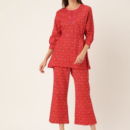 MISRI Women Floral Printed Cotton Tunic & Trousers with Mirror Work Details-picture-13
