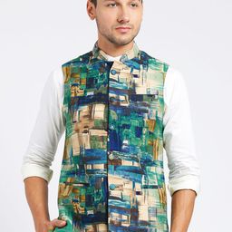 KISAH Men Green Printed Nehru Jacket-15