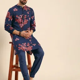 Anouk Men Navy Blue Floral Printed Pure Cotton Kurta with Trousers-image-10