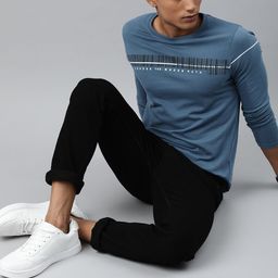 WROGN Men Blue Printed Round Neck Pure Cotton T-shirt-image-9