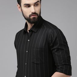 Arrow Men Black Striped Original Slim Fit Pure Cotton Formal Shirt-image-0