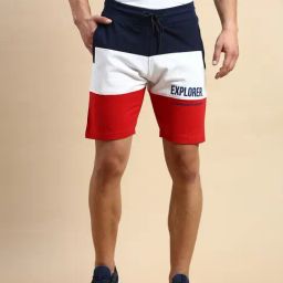SHOWOFF Navy Blue Cotton Slim Fit Colour Block Shorts-picture-18