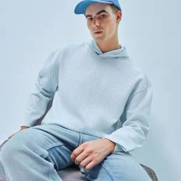 Bewakoof Light Blue Loose Fit Self Design Oversized Hooded Sweatshirt-picture-21